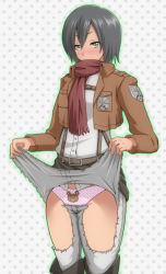 Rule 34 | 1girl, animal print, ao usagi, badge, bear panties, bear print, belt, black hair, blush, boots, brown eyes, buttons, clothes lift, covered mouth, cropped jacket, embarrassed, female focus, flashing, grey background, grey eyes, grey hair, hair between eyes, high collar, jacket, knee boots, leather, leather jacket, long sleeves, looking at viewer, mikasa ackerman, military, military uniform, open clothes, open jacket, outline, panties, pants, parody, polka dot, polka dot background, polka dot panties, print panties, purple panties, scarf, shingeki no kyojin, shirt, short hair, skirt, skirt lift, solo, standing, suspenders, thighs, torn clothes, torn pants, underwear
