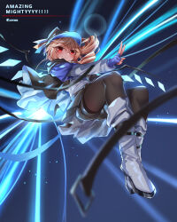 Rule 34 | 1girl, absurdres, alternate costume, black skirt, blonde hair, blue gloves, boots, closed mouth, english text, fingerless gloves, flandre scarlet, full body, gloves, glowing, hair between eyes, hat, highres, jacket, long hair, long sleeves, maimai (game), pantyhose, pleated skirt, red eyes, shirt, short hair, skirt, smile, solo, top-exerou, touhou, white boots, white shirt