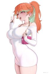 1girl absurdres bag breasts bridal_gauntlets covered_navel dress earrings green_hair handbag high_ponytail highres hololive hololive_english jewelry large_breasts long_hair multicolored_hair necklace open_mouth orange_hair ponytail shellvi simple_background skin_tight smile solo sparkle takanashi_kiara two-tone_hair virtual_youtuber waving white_background white_dress