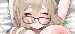 1boy 1girl akane_(blue_archive) arms_up blonde_hair blue_archive breasts glasses grabbing_another&#039;s_breast groping heart implied_sex large_breasts long_hair nipples one_eye_closed solo_focus yzr_(yzr99)