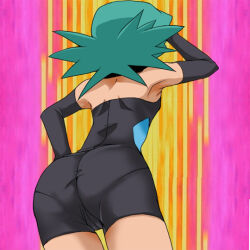 1girl aged_down ass bike_shorts green_hair jenny_(pokemon) long_glove looking_back marble_(pokemon) nintendo pantylines pokemon pokemon_(anime) pokemon_dp059 pokemon_dppt_(anime) skin_tight spandex