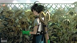 1boy ahoge apron aqua_eyes artist_logo artist_name black_apron black_hair chain-link_fence closed_mouth commentary_request copyright_notice cowboy_shot extraspiky fence flower gloves green_gloves holding holding_hose hose light_smile logo looking_at_viewer male_focus original outdoors oversized_object scissors shirt short_hair short_sleeves sideways_glance solo sunflower watering watermark white_shirt wilted_flower
