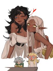 1boy 3girls absurdres black_eyes black_hair blonde_hair blue_eyes blush breasts cithis cleavage curly_hair dark-skinned_female dark_elf dark_skin deformed dress dungeon_meshi elf facial_mark forehead_mark genderswap genderswap_(mtf) grey_hair highres kabru kazari_2001 large_breasts lazy_eye long_hair mithrun multiple_girls multiple_views notched_ear off-shoulder_dress off_shoulder one_eye_closed pattadol pointy_ears short_hair simple_background smile sweat uneven_eyes white_background wide-eyed yellow_eyes