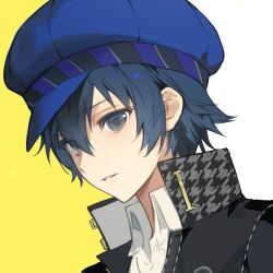 Rule 34 | 1girl, androgynous, black jacket, blue eyes, blue hair, blue hat, newsboy cap, collared shirt, commentary request, gakuran, hair between eyes, hat, highres, jacket, looking at viewer, naohaji, persona, persona 4, school uniform, shirogane naoto, shirt, short hair, solo, white shirt, yasogami school uniform