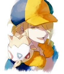 Rule 34 | 1boy, bishamon (usagi ba), newsboy cap, commentary, cropped shoulders, eggshell, fur-trimmed jacket, fur trim, gen 2 pokemon, ginkgo guild uniform, hair bun, hair over one eye, hat, highres, jacket, looking at another, male focus, nintendo, on shoulder, open mouth, pokemon, pokemon (creature), pokemon legends: arceus, pokemon on shoulder, simple background, single hair bun, smile, togepi, volo (pokemon), white background, yellow eyes, yellow fur