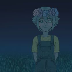 1boy arms_behind_back basil_(headspace)_(omori) basil_(omori) blue_overalls blush closed_mouth flower green_eyes green_hair green_shirt head_wreath highres looking_at_viewer male_focus msdnno_kabe night omori outdoors overalls shirt short_hair short_sleeves smile solo t-shirt