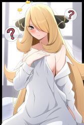 1girl ? absurdres bare_shoulders blonde_hair blush breasts closed_mouth creatures_(company) cynthia_(pokemon) game_freak grey_eyes hair_ornament hair_over_one_eye highres long_hair looking_at_viewer nintendo pokemon pokemon_dppt shabana_may shirt solo very_long_hair white_shirt