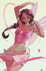 1girl braid braided_ponytail commentary dark-skinned_female dark_skin dress english_commentary fairy fairy_wings flora_(winx_club) flower gabbalabala hair_flower hair_ornament highres pink_dress sleeveless sleeveless_dress solo wings winx_club winx_club_(reboot)