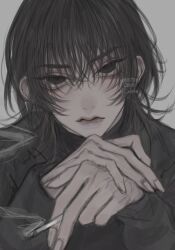 Rule 34 | 1boy, black eyes, black hair, black jacket, black sleeves, cigarette, ckshax, closed mouth, crossed hands, eyes visible through hair, grey background, hair over eyes, highres, holding, holding cigarette, jacket, lips, long hair, looking at viewer, male focus, original, simple background, smoke, solo