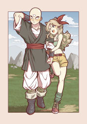 Rule 34 | &gt;;d, 1boy, 1girl, ;d, ankle belt, arm hug, bald, belt, belt buckle, blonde hair, blue eyes, blue sky, blush, bracer, breasts, brown belt, buckle, cleavage, cloud, cloudy sky, crop top, day, dougi, dragon ball, eyelashes, fingerless gloves, full body, gloves, grass, green belt, green legwear, green shirt, hair between eyes, hair ribbon, highres, leg up, leg warmers, long hair, looking at another, lunch (bad) (dragon ball), lunch (dragon ball), martial arts belt, navel, one eye closed, open mouth, outdoors, pocket, red ribbon, ribbon, shirt, shorts, sky, small breasts, smile, stomach, suzushiro (suzushiro333), tank top, teeth, tenshinhan, third eye, tongue, tsurime, v-shaped eyebrows, wavy hair, yellow shorts