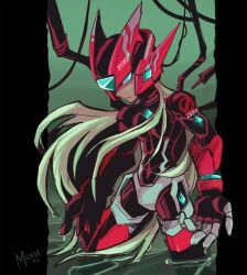 1boy adapted_costume android blonde_hair blue_eyes character_name cowboy_shot forehead_jewel green_background helmet highres long_hair mega_man_(series) mega_man_zero_(series) milaisadoodles partially_submerged red_helmet solo standing zero(z)_(mega_man) zero_(mega_man)
