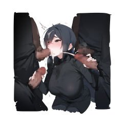 Rule 34 | 1girl, 4boys, black hair, black pants, black shirt, blue streaks, blush, border, breasts, censored, cropped legs, crossed bangs, cum, cum in mouth, cum on hair, cum overflow, dark-skinned male, dark skin, denim, double handjob, ejaculation, erection, fellatio, gebijiade 89, grey eyes, hair behind ear, hair between eyes, half-closed eyes, handjob, hands up, hetero, highres, huge breasts, jeans, long sleeves, looking at another, looking up, male masturbation, male pubic hair, masturbation, mole, mole under eye, mosaic censoring, motion lines, multicolored hair, multiple boys, narrowed eyes, open pants, oral, original, out of frame, pants, penis, projectile cum, pubic hair, raised inner eyebrows, shirt, short hair, simple background, sitting, solo focus, steam, streaked hair, surrounded by penises, sweat, tearing up, turtleneck, turtleneck shirt, white background, white border