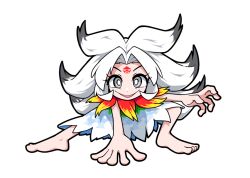 Rule 34 | 1girl, barefoot, blue skirt, bright pupils, colored tips, commentary request, forehead tattoo, full body, grey eyes, grey hair, houjuu chimi, long hair, looking at viewer, multicolored hair, open mouth, simple background, skirt, smile, solidus (sword cube), solo, squatting, touhou, white background, white hair, white pupils