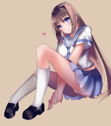 1girl aozaki_aoko blue_eyes blue_skirt brown_hair female_focus full_body hair_intakes head_tilt heart highres kevn loafers long_hair mahou_tsukai_no_yoru miniskirt panties pantyshot pleated_skirt school_uniform serafuku shoes simple_background sitting skirt smile socks solo symbol-shaped_pupils underwear