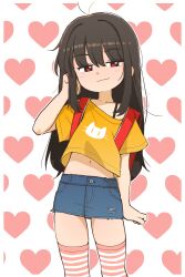 1girl :3 absurdres backpack bag black_hair border collarbone commentary denim denim_shorts english_commentary hand_in_own_hair hand_up heart heart_background highres loli long_hair looking_at_viewer midriff navel orenjipiiru original outside_border over-kneehighs red_bag red_eyes shirt short_shorts short_sleeves shorts smug solo striped_clothes striped_thighhighs thighhighs white_background white_border yellow_shirt