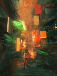 Rule 34 | 1girl, alley, boots, brown hair, dkaism, dress, full body, grate, looking at viewer, looking back, original, painterly, reflective surface, short hair, sign, standing, surreal, walking, window