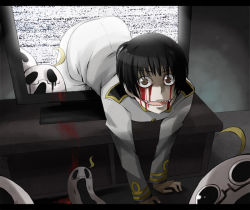 Rule 34 | 1boy, ahoge, axis powers hetalia, bad id, bad pixiv id, black hair, blood, blood on face, bloody tears, blunt bangs, brown eyes, buttons, creepy, glasses, horror (theme), japan (hetalia), looking at viewer, male focus, military, military uniform, open mouth, parody, screaming, sharp teeth, short hair, solo, static, suikka, teeth, television, the ring, through medium, through screen