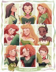 absurdres anna_(frozen) ariel_(disney) aurora_(disney) beauty_and_the_beast_(disney) belle_(disney) bikini blonde_hair blue_eyes braid brave_(pixar) brown_hair chameleon cinderella_(disney_character) cinderella_(disney_movie) disney disney_princess dress fa_mulan_(disney) fauna_(disney) frozen_(disney) green_shirt highres long_hair melchencanto merida_(brave) mermaid monster_girl mulan_(movie) multiple_girls open_mouth orange_hair pascal_(tangled) rapunzel_(disney) shell shell_bikini shirt sleeping_beauty_(disney) smile swimsuit tangled the_little_mermaid_(disney) the_princess_and_the_frog tiana_(the_princess_and_the_frog)
