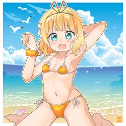 Rule 34 | 1girl, aqua eyes, barefoot, beach, bikini, bird, blonde hair, blue sky, breasts, cleavage, cloud, day, gochuumon wa usagi desu ka?, happy birthday, highres, horizon, kirima syaro, kneeling, looking at viewer, ocean, open mouth, orange bikini, orange scrunchie, outdoors, paw pose, scrunchie, seagull, short hair, side-tie bikini bottom, sky, small breasts, smile, solo, swimsuit, takecho, wrist scrunchie