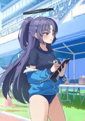 absurdres awning bad_id bad_twitter_id black_halo blue_archive blue_buruma blue_shirt buruma chair clipboard floating_hair grass halo highres holding holding_clipboard holding_pen id_card jacket lanyard long_hair looking_to_the_side naseul_777 official_alternate_costume open_mouth partially_unzipped pen ponytail purple_eyes purple_hair shirt short_sleeves stairs t-shirt table thick_thighs thighs traffic_cone underwear yuuka_(blue_archive) yuuka_(track)_(blue_archive)