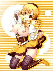 10s 1girl asazuki_kanai beret black_gloves blonde_hair boots breasts breasts_out brown_thighhighs clothes_lift corset cup curly_hair detached_sleeves drill_hair female_focus fingerless_gloves full_body gloves hair_ornament hat highres holding icing kanai_amachi kashiwagi_sumika kneeling large_breasts looking_at_viewer magical_girl mahou_shoujo_madoka_magica mahou_shoujo_madoka_magica_(anime) nipples no_panties open_clothes open_mouth open_shirt pointing puffy_short_sleeves puffy_sleeves purple_thighhighs ribbon seductive_smile sexually_suggestive shiny_skin shirt short_sleeves skirt skirt_lift smile solo striped_background striped_clothes striped_thighhighs tea teacup thighhighs thighs tomoe_mami tomoe_mami_(magical_girl) twin_drills twintails vertical-striped_clothes vertical-striped_thighhighs yellow_background yellow_eyes yellow_theme zettai_ryouiki