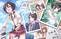 1girl antenna_hair bicycle black_hair blue_sky blush commentary_request day diagonal-striped_clothes diagonal-striped_necktie drawn_wings dress high_schoolmate_(idolmaster) idolmaster idolmaster_million_live! idolmaster_million_live!_theater_days jacket kasuga_mirai kikuchi_makoto kinoshita_hinata long_sleeves necktie open_mouth outdoors pen photo_(object) plaid_clothes plaid_skirt pleated_skirt purple_eyes red_skirt riding riding_bicycle school_uniform short_hair skirt sky smile striped_clothes tanaka_kotoha tokugawa_matsuri white_dress yoriyomo