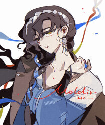 1girl black_hair blue_gemstone blue_shirt brown_coat character_name coat coat_on_shoulders gem green_eyes hair_ornament hand_up highres hl_(iamawhitehippo) jewelry long_hair looking_at_viewer moldir_(reverse:1999) parted_lips reverse:1999 ring shirt solo upper_body white_background