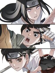 1girl 2boys bandaged_arm bandages black_eyes black_gloves black_hair brown_eyes double_bun fingerless_gloves forehead_protector gloves hair_bun highres holding holding_polearm holding_weapon hyuuga_neji konohagakure_symbol long_hair long_sleeves looking_at_viewer multiple_boys naruto_(series) naruto_shippuuden polearm purple_eyes rock_lee short_hair smile teeth tenten_(naruto) thick_eyebrows twitter_username usao_(313131) weapon