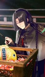 1boy black_hair blunt_bangs blunt_ends braid chinese_clothes closed_eyes closed_mouth clothing_request commentary_request cowboy_shot curtained_hair fate/grand_order fate_(series) game_cg hair_over_shoulder holding itefu leaning_forward male_focus mandarin_collar official_alternate_costume official_art photo_background shanghai_neckline short_hair_with_long_locks single_braid smile solo taigong_wang_(fate) third-party_source