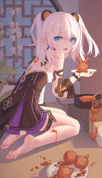 1girl absurdres ai_dongdong architecture bare_shoulders barefoot blue_eyes commentary_request cooking cooking_pot dress east_asian_architecture from_behind hair_ornament highres holding holding_plate honkai_(series) honkai_impact_3rd indoors looking_back medium_hair messy official_alternate_costume open_mouth plate round_window sitting theresa_apocalypse toes twintails white_hair window zhuge_kongming_(honkai_impact) zhuge_kongming_(startold_fortune)_(honkai_impact)