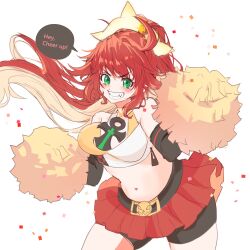 &gt;:) 1girl absurdres ankh_necklace bare_shoulders belt belt_buckle bike_shorts_under_skirt black_belt black_shorts breasts buckle cheerleader commentary_request confetti cowboy_shot detached_sleeves dot_nose eyebrows_hidden_by_hair fangs floating_hair gold_choker green_eyes grin guilty_gear guilty_gear_strive halo high_ponytail highres jack-o&#039;_valentine jojcachu leaning_forward long_hair looking_at_viewer messy_hair microskirt midriff multicolored_hair navel pom_pom_(cheerleading) ponytail red_hair red_skirt shorts skirt smile solo speech_bubble spiked_halo sports_bra thighs two-tone_hair v-shaped_eyebrows white_background white_hair