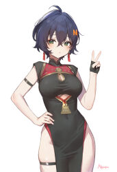 1girl adelie_cat arm_strap belle_(zenless_zone_zero) blue_hair blush breasts cleavage_cutout clothing_cutout crossed_bangs earrings fingerless_gloves gloves green_eyes hair_between_eyes hair_ornament highres jewelry letter looking_at_viewer no_panties short_hair single_glove solo tassel tassel_earrings thigh_strap thighs underboob_cutout white_background zenless_zone_zero