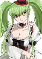Rule 34 | 1girl, absurdres, black bow, bow, breasts, c.c., choker, cleavage, closed mouth, code geass, collarbone, dress, frills, green hair, hat, hat bow, highres, long hair, looking at viewer, medium breasts, mini hat, puffy sleeves, red choker, red hat, simple background, sio ame 83, solo, twintails, upper body, very long hair, white background, white dress, yellow eyes