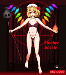 1girl :d absurdres barefoot blonde_hair blush breasts collarbone fire flandre_scarlet full_body gothic_lolita hat hexagram highres holding holding_weapon laevatein_(touhou) lolita_fashion looking_at_viewer magic magic_circle medium_breasts mob_cap navel non-web_source open_mouth pointy_ears pyrokinesis red_eyes self-upload short_hair small_breasts smile solo touhou weapon white_hat wings