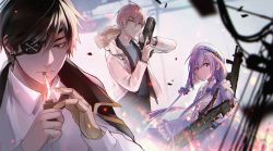 1girl 2boys apex_legends b3_wingman beret black_hair blue_dress blue_hair braid cigarette cpt_(crazy_raccoon) crazy_raccoon dress energy_gun eyepatch floating_hair fur_trim gun gun_on_back hair_behind_ear handgun hat highres holding holding_gun holding_lighter holding_weapon hood hooded_jacket in_mouth jacket lighter long_hair looking_down m1904_mastiff mondo_(crazy_raccoon) multiple_boys nijisanji one_eye_covered orange_eyes pink_hair r-99_smg red_eyes revolver sai_(saiqun_31) shotgun submachine_gun twin_braids very_long_hair virtual_youtuber weapon weapon_on_back white_headwear white_jacket yuuki_chihiro