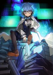 1boy arm_belt arm_out_of_sleeve belt belt_buckle black_pantyhose black_shirt blue_bow blue_bowtie blue_eyes blue_hair blue_shorts blue_vest book book_stack bow bowtie brown_belt brown_shoes buckle child closed_mouth coat fate/grand_order fate_(series) frilled_sleeves frills from_below full_body glasses hans_christian_andersen_(fate) headphones knee_up lapels long_sleeves looking_at_viewer male_focus notched_lapels official_art oversized_clothes pantyhose pantyhose_under_shorts puffy_shorts shirt shoelaces shoes shorts sitting sleeves_past_wrists smile solo striped_clothes striped_shirt tablet_pc third-party_source two-tone_shirt vertical-striped_clothes vertical-striped_shirt vest wada_arco white_coat white_shirt