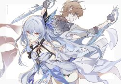 1boy 1girl ahoge arms_up back bare_shoulders behind_another black_gloves blue_eyes blue_hair chinese_commentary collarbone colored_skin curly_hair detached_sleeves from_behind from_side genshin_impact gloves grey_jacket hair_between_eyes hair_ornament highres holding holding_weapon jacket leaning_to_the_side lingerie long_hair looking_at_viewer looking_to_the_side multicolored_skin orange_hair parted_lips red_eyes scarf shade short_hair simple_background skirk_(genshin_impact) sleeves_rolled_up smile smirk tartaglia_(genshin_impact) teacher_and_student thighs two-tone_skin underwear vidoakdame weapon white_background wide_sleeves