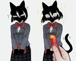 1girl ? absurdres animal_ears black_gloves black_hair black_tail blush book bow cat_ears cat_girl cat_tail ciao_churu feet_out_of_frame gloves grey_eyes grey_shirt highres holding holding_book mimi_(akiko_oc) multicolored_hair out_of_frame pet_food red_bow school_uniform shirt short_hair silhouette skirt solo_focus sparkle tail two-tone_hair white_hair white_streaks wide-eyed