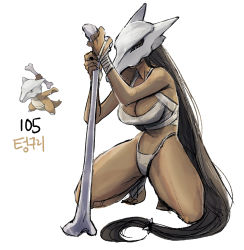 1girl bone breasts brown_hair cleavage creature_and_personification dark-skinned_female dark_skin female_focus full_body gen_1_pokemon large_breasts long_hair low-tied_long_hair marowak nintendo personification pokedex_number pokemon pokemon_(creature) solo tamtamdi very_long_hair