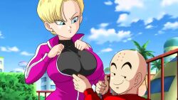 1boy 1girl android_18 annoyed bald bald_male black_eyes blonde_hair blue_eyes breasts cloud cloudy_sky couple dragon_ball dragon_ball_super dragon_ball_super_super_hero funsexydragonball happy husband_and_wife kuririn large_breasts sky smile smug zipper