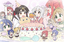 &gt;o&lt; 6+girls apron black_hair breasts brown_hair c: cake character_request chibi confetti crown doll fang food genderswap genderswap_(mtf) green_eyes grey_hair grin hair_ornament hair_ribbon happy_birthday hat highres holding holding_crown holding_plate hozuki_kaede hozuki_momiji hugging_doll hugging_object lab_coat large_breasts light_smile long_hair long_sleeves looking_at_another low_twintails mars_symbol matado_(almukha) multiple_girls murosaki_miyo oka_asahi onii-chan_wa_oshimai! open_mouth oyama_mahiro oyama_mihari party party_hat party_popper pink_eyes pink_hair plate ponytail red_hair ribbon short_hair short_sleeves short_twintails siblings sisters smile star_(symbol) table tenkawa_nayuta twintails venus_symbol yellow_eyes