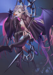 1girl absurdres black_cloak black_hands black_panties black_thighhighs body_markings breasts candy choker cloak colored_extremities crossed_bangs demon_girl demon_horns demon_wings ear_piercing fate/grand_order fate_(series) food green_eyes grey_hair hair_between_eyes highres horns lilith_(fate) lilith_(second_ascension)_(fate) lollipop long_hair looking_at_viewer medium_breasts navel open_mouth panties piercing pointy_ears scissors smile solo stomach_tattoo tattoo thighhighs tongue tongue_out twintails underwear very_long_hair wings zero_yee