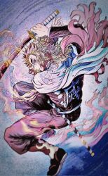 1boy 510lilith artist_name belt blonde_hair cape closed_mouth clothes_writing colored_tips commentary_request demon_slayer_uniform dynamic_pose fire flame_print flaming_sword flaming_weapon forked_eyebrows full_body highres holding holding_sword holding_weapon kimetsu_no_yaiba long_hair looking_at_viewer male_focus multicolored_hair red_eyes red_hair rengoku_kyoujurou sandals solo spiked_hair sword two-tone_hair watermark weapon white_cape yellow_eyes