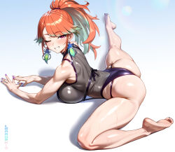 1girl aqua_hair artistic_error ass barefoot breasts commentary curvy earrings english_commentary feather_earrings feathers feet flexible full_body gradient_hair grin high_ponytail highres hololive hololive_english jewelry large_breasts legs looking_at_viewer lying maro2ki3 multicolored_hair nail_polish official_alternate_costume official_alternate_hairstyle on_stomach one_eye_closed orange_hair perfume_(takanashi_kiara) ponytail purple_eyes purple_nails revision smile soles streaked_hair takanashi_kiara thighs toenail_polish toenails toes virtual_youtuber wet