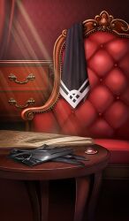 black_gloves black_necktie chair commentary fate/grand_order fate_(series) gloves indoors lasengle light_rays necktie newspaper no_humans official_art red_background red_brooch red_theme still_life table third-party_source unworn_gloves unworn_necktie