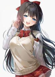 1girl black_hair blue_eyes bow bowtie braid cowboy_shot hair_bow hair_ornament hand_up heart heart_hair_ornament highres ika_(4801055) long_hair long_sleeves looking_at_viewer open_mouth red_skirt shirayuki_hina shirt skirt smile solo stellive sweater_vest undershirt virtual_youtuber white_shirt yellow_sweater_vest