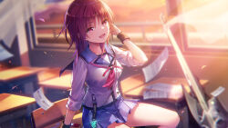 1girl angel_beats! artist_request black_wrist_cuffs blue_skirt chair classroom commentary_request desk heaven_burns_red iwasawa_masami looking_at_viewer medium_hair official_art on_desk paper red_eyes red_hair school_chair school_desk school_uniform shinda_sekai_sensen_uniform shirt sitting skirt smile solo white_shirt wrist_cuffs wristband