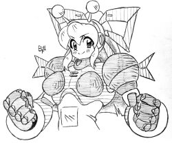 ahoge antennae armor armored_gloves arms_up bikini_armor blush breasts clenched_hand hair_ribbon hairband headphones hyper_roll_(marvel_vs._capcom) joints large_breasts long_hair looking_at_viewer marvel_vs._capcom mechanical_arms mega_man_(classic) mega_man_(series) multiple_girls open_mouth ponytail radio_antenna raised_fist red_armor ribbon robot robot_girl robot_joints roll_(mega_man) shoulder_armor sidelocks smile upper_body vcampan