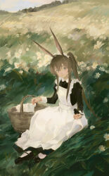 1girl alternate_costume amiya_(arknights) animal animal_ears apron arknights basket bird black_bird black_dress black_shoes brown_hair chinese_commentary closed_mouth commentary contrast_collar day dress enmaided expressionless flower full_body grass grey_eyes hair_between_eyes highres holding holding_animal kuto_(kuroto) long_hair long_sleeves looking_at_viewer maid maid_apron on_grass on_ground outdoors ponytail shoes sitting solo white_apron white_flower