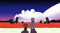 3boys anime_coloring apocalypse brian_griffin collar dog family_guy from_behind glasses highres lolwutburger meme meme_attire multiple_boys neon_genesis_evangelion parody peter_griffin red_collar shadow sitting sky smile standing star_(sky) starry_sky stewie_griffin the_end_of_evangelion